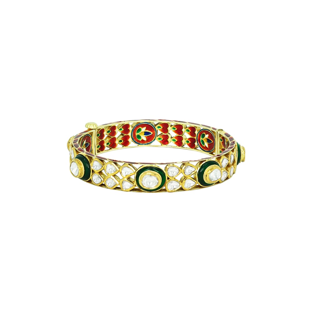 Polki Bangle with Green Borders and Red-Green Enamel Work